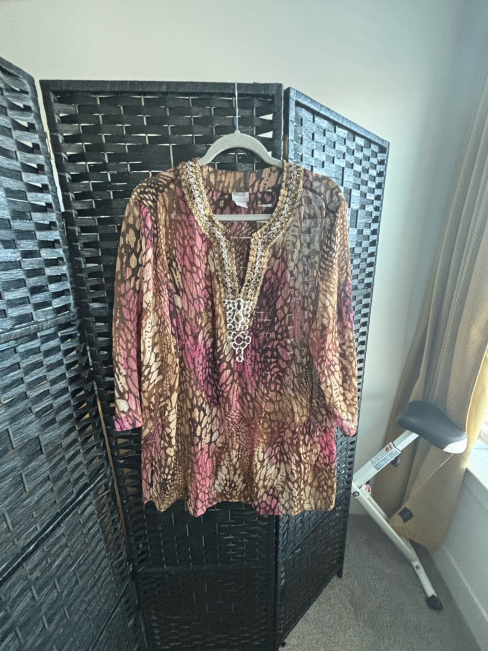 Chico's Beaded V-Neck Tunic in Pink and Brown Animal Print